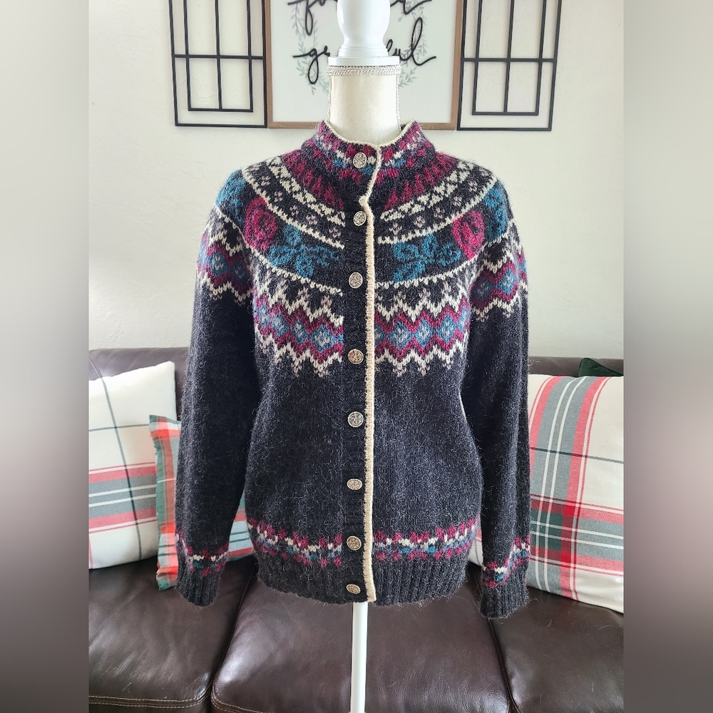 VINTAGE WOOLRICH WOOL MOHAIR GRAY PINK NORDIC CARDIGAN SWEATER SIZE M ARCTIC‎ - Picture 2 of 10